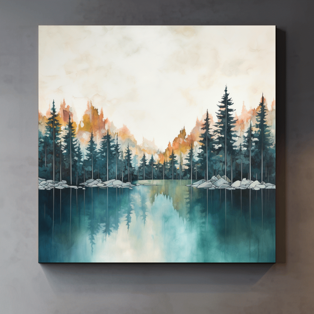 Misty Forest Lake Watercolor Painting - Serene Landscape Wall Art