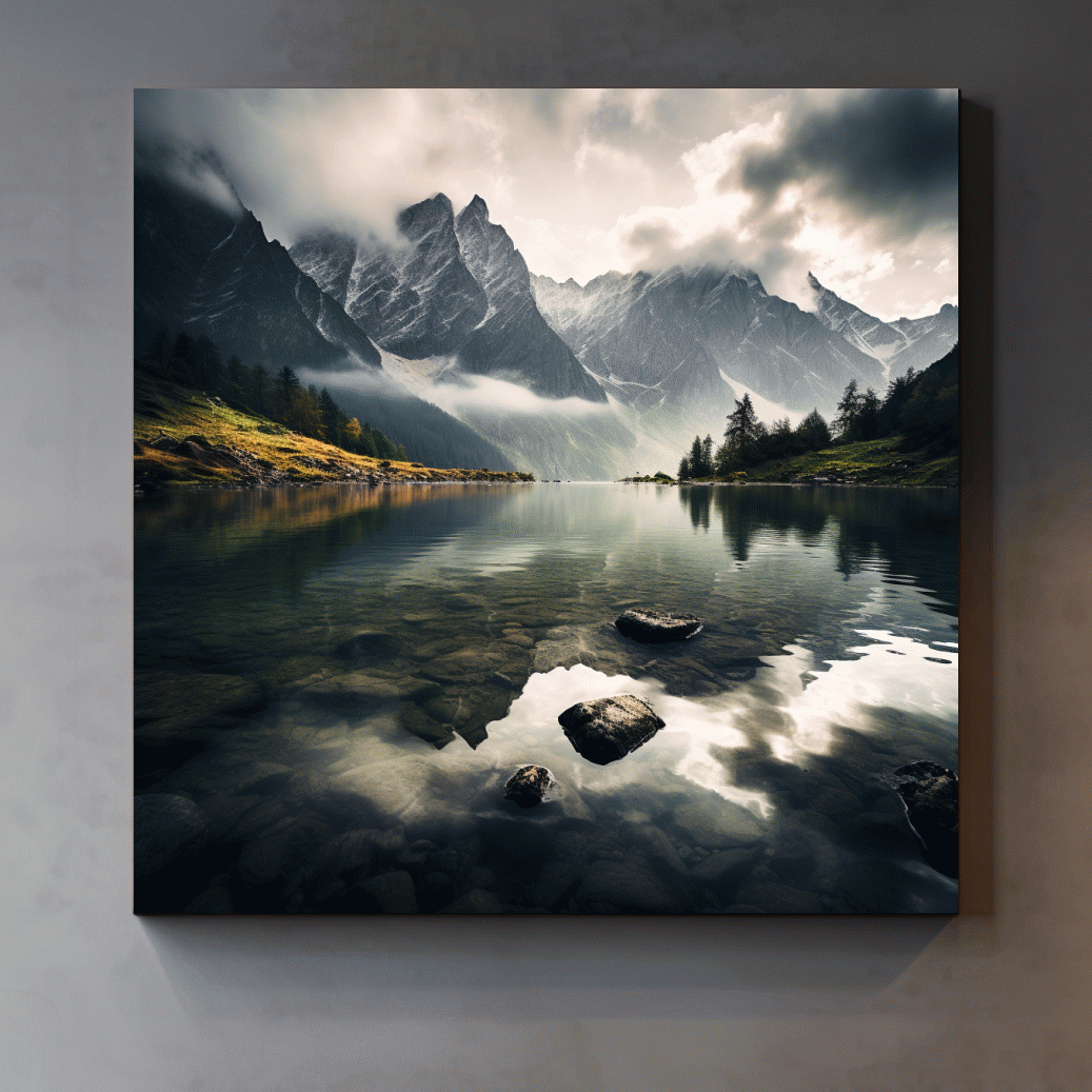 Photographic art, dramatic clouds over an alpine lake