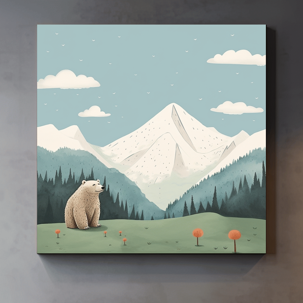Illustration of a happy bear sitting in the alpine