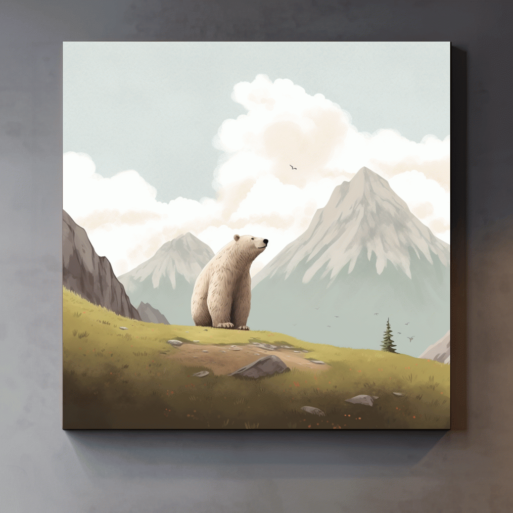 Illustration of a happy bear chilling in the alpine
