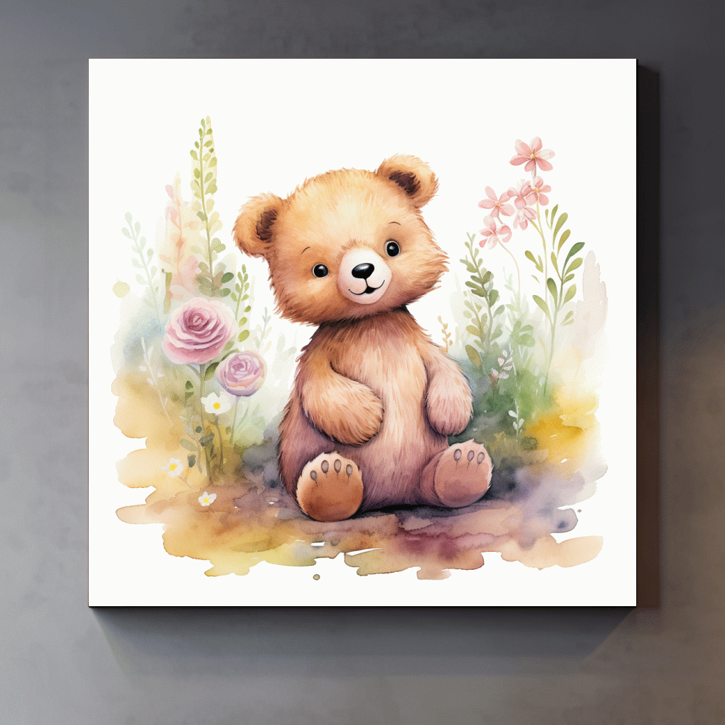 Cute Watercolor Teddy Bear With Pastel Flowers - Nursery Animal Wall Art