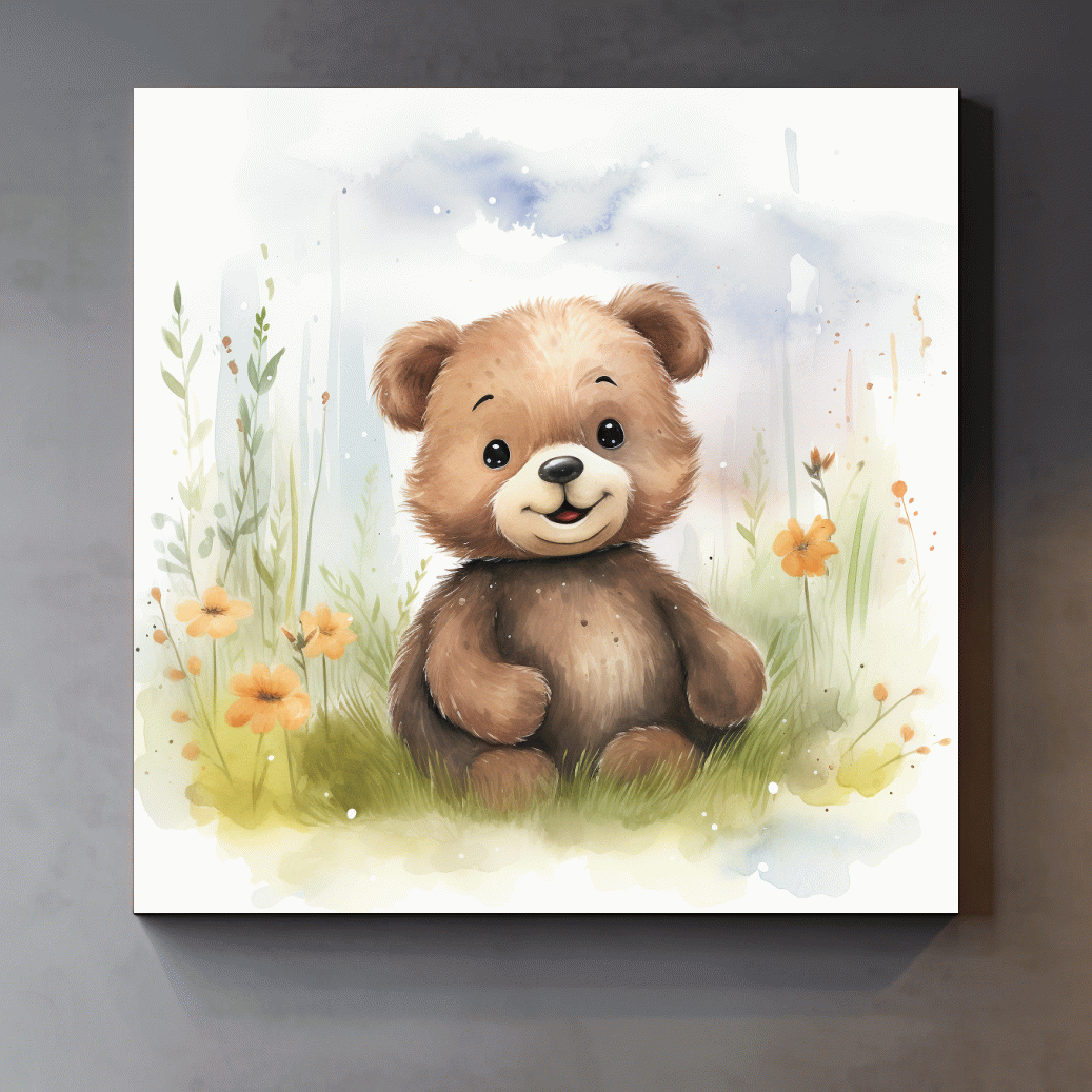 Nursery illustration, watercolor painting of a cute happy bear cub