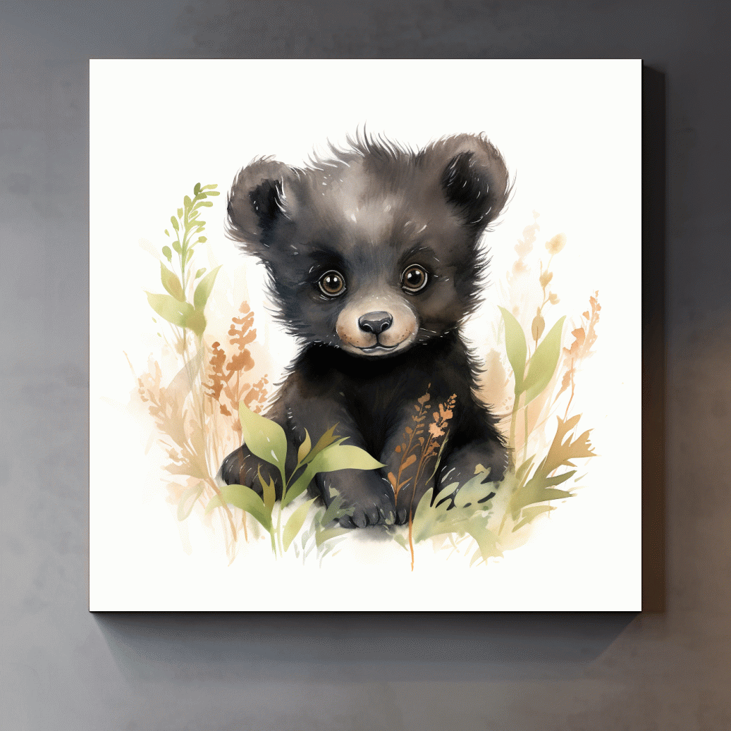 Watercolor painting of a cute black bear cub, nursery art painting