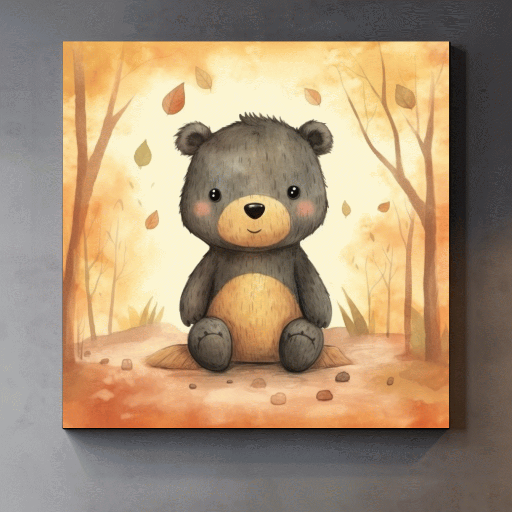 Cute Watercolor Teddy Bear Forest Illustration - Whimsical Nursery Wall Art