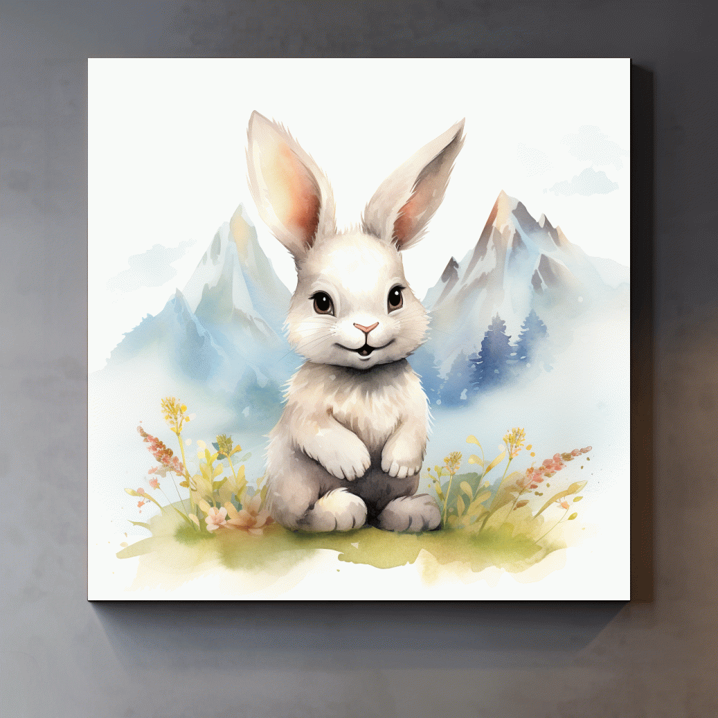 Nursery art - watercolor painting of a cute bunny rabbit in the mountains