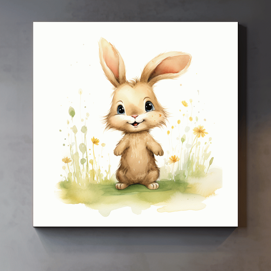 Cute Watercolor Bunny In Wildflowers - Whimsical Nursery Animal Wall Art