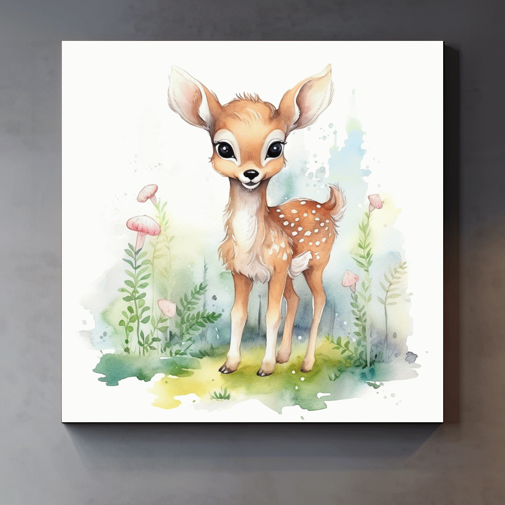 Nursery art, watercolor painting of a cute fawn in the forest