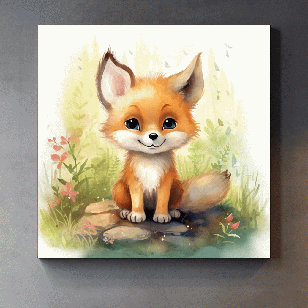 Watercolor nursery art painting, a cute baby fox cub sitting in the forest