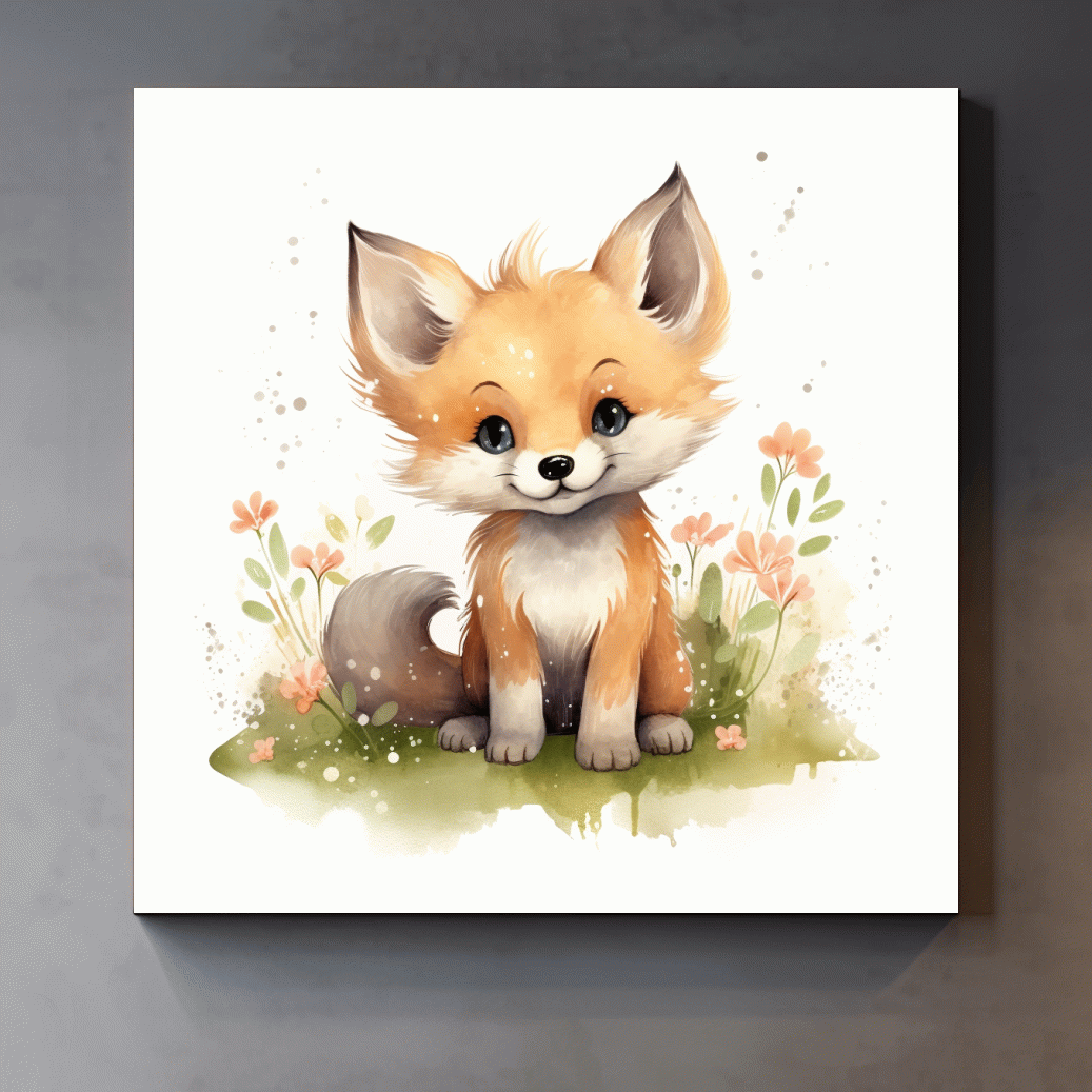 Watercolor illustration, a cute fox cub in the flowers, nursery art