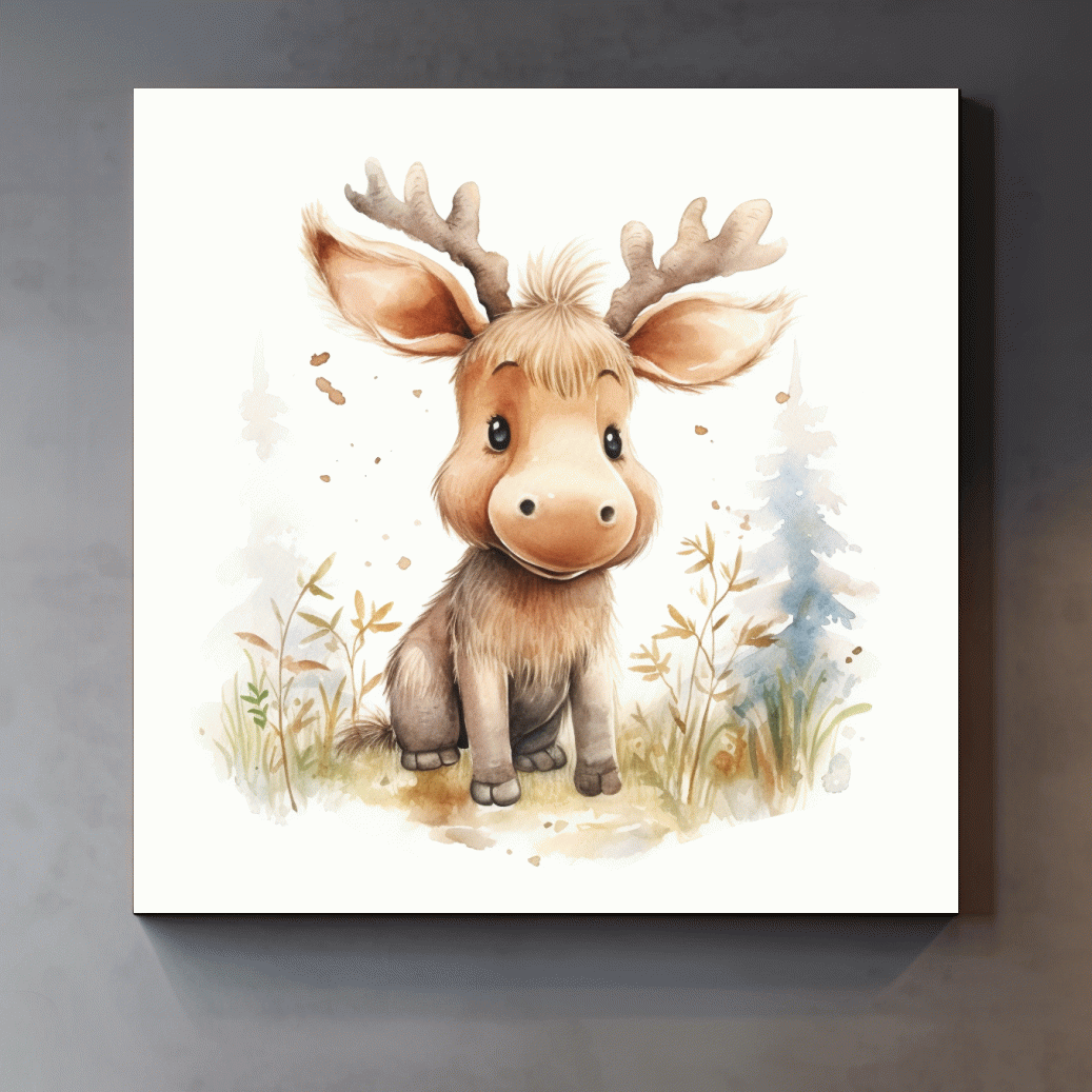 Cute Baby Moose Watercolor Illustration - Woodland Nursery Animal Wall Art