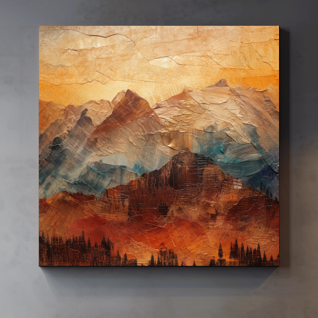 Rustic textured painting effect artwork of mountains at sunset