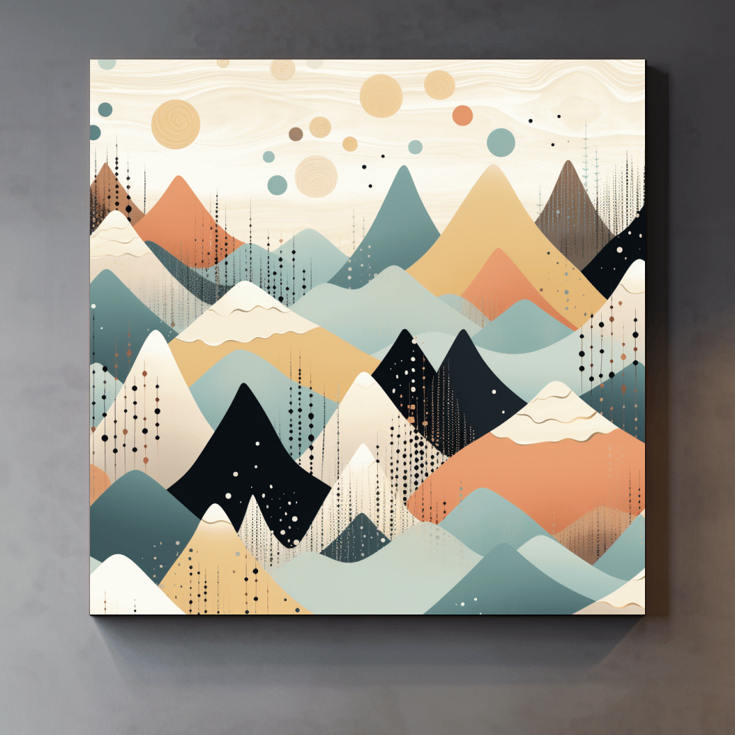 Mid-century bohemian art, pastel mountain patterns