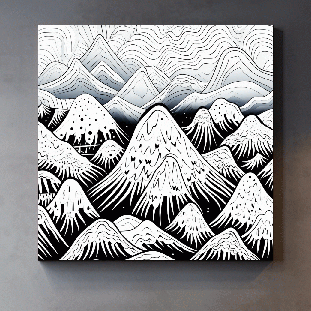 Black and white illustration of snowy mountain peaks