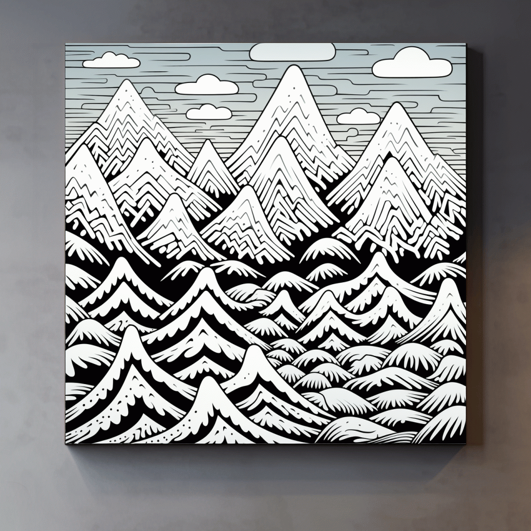 Black and white illustration drawing of snowy mountain patterns