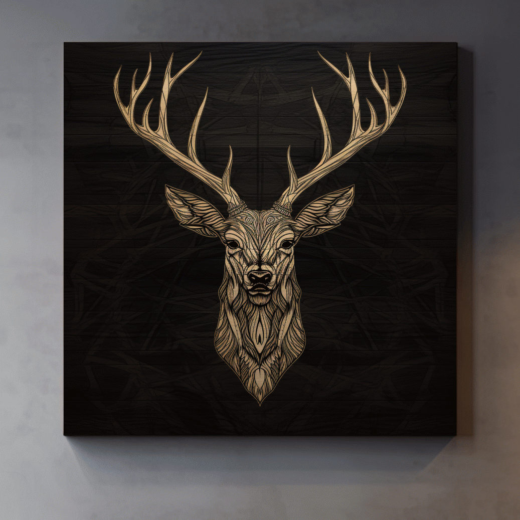 Elegant Geometric Deer Head Line Art - Rustic Woodcut Style Wildlife Artwork