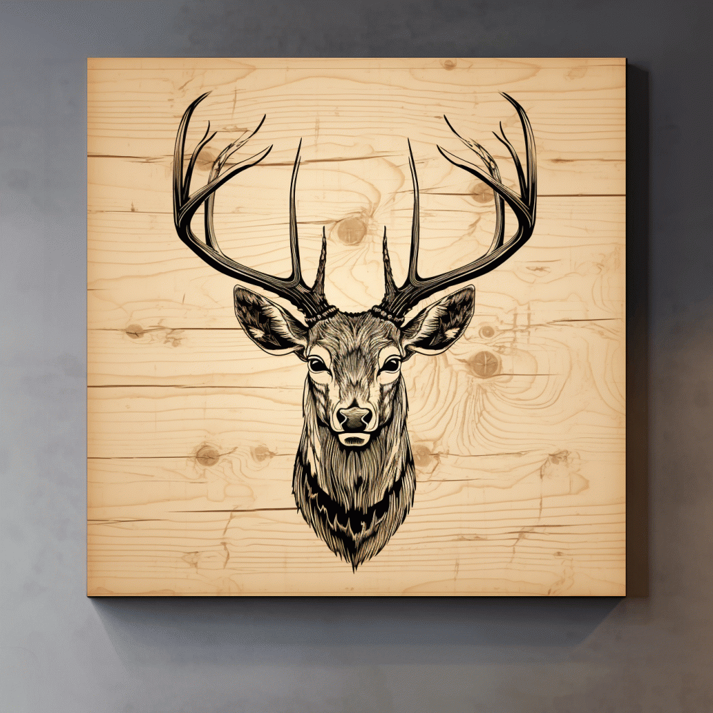 Engraved wood art of deer head
