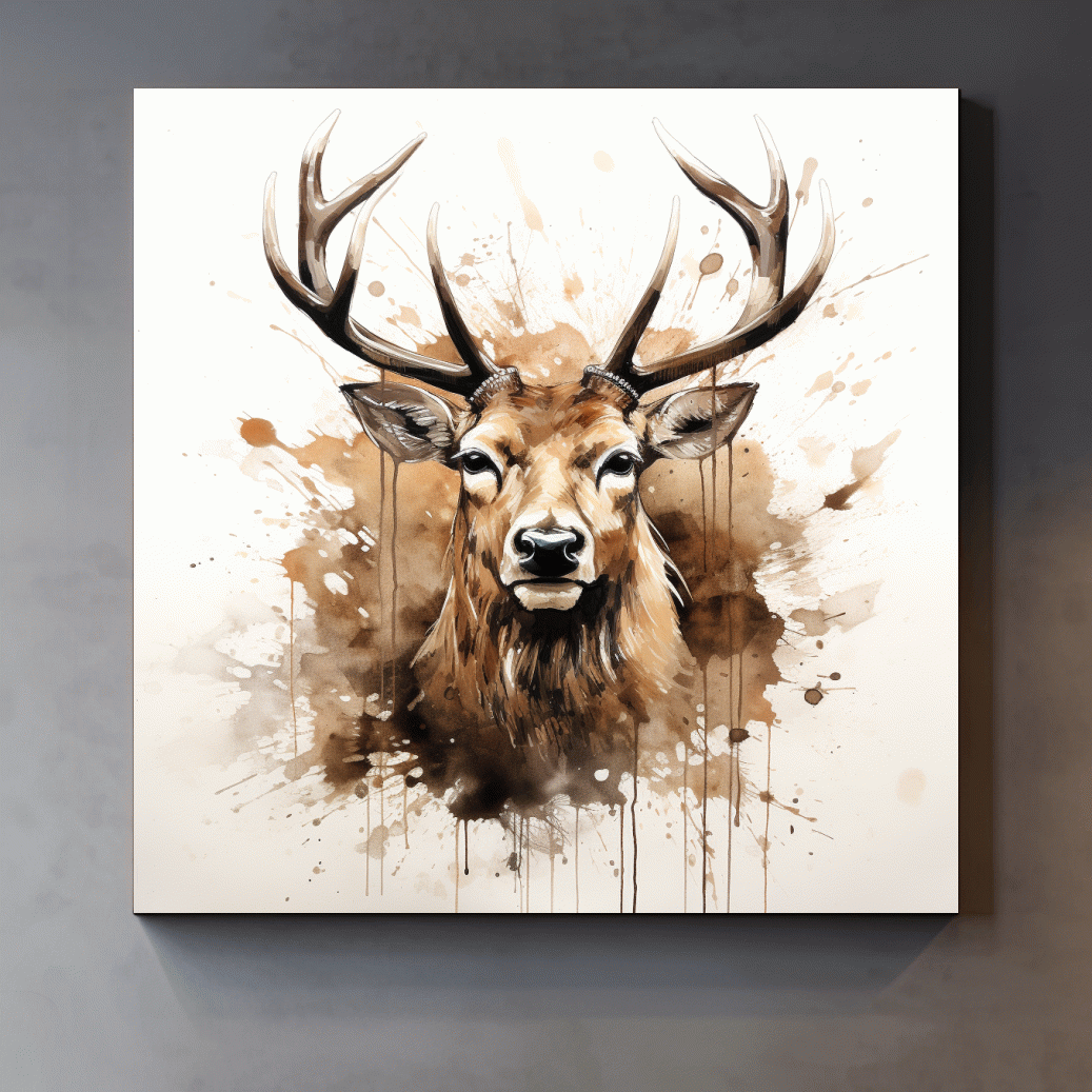 Splattered watercolour painting of a deers head
