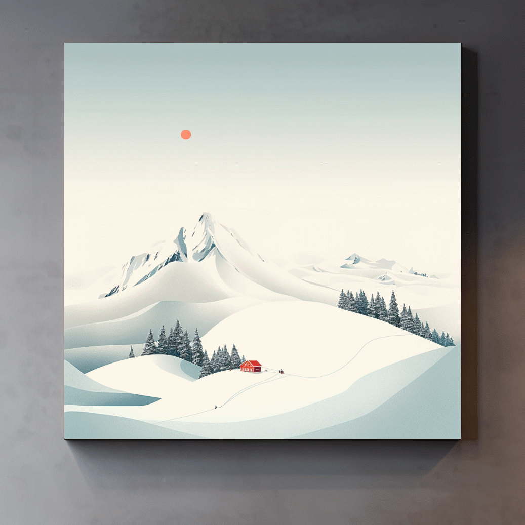 Minimalist Snowy Mountain Cabin Landscape - Winter Wall Art