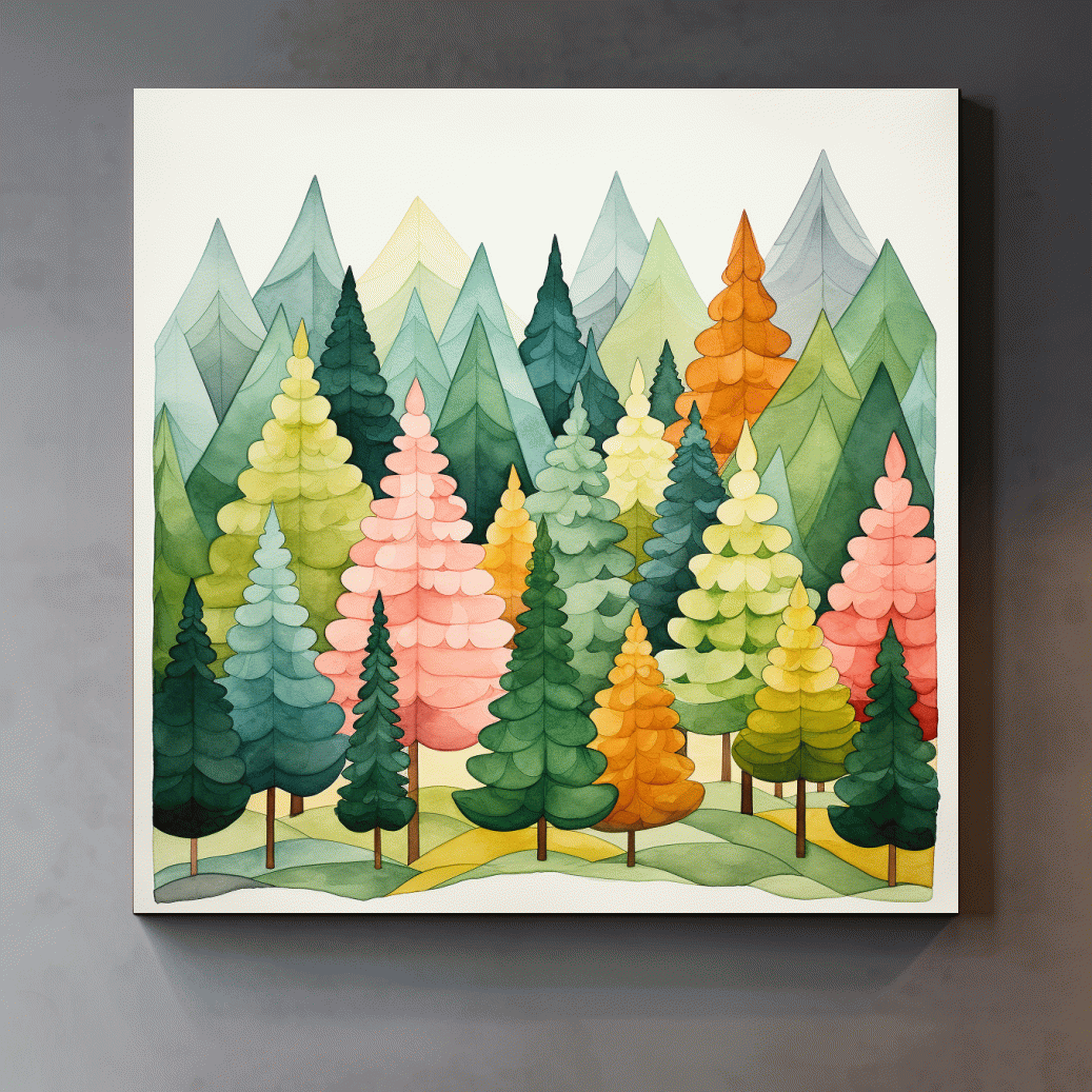 Watercolour style art of colorful dreamy forest