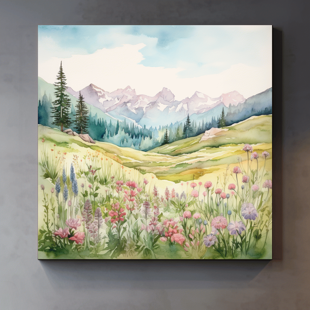 Watercolour painting of alpine flowers in pastel mountain meadows