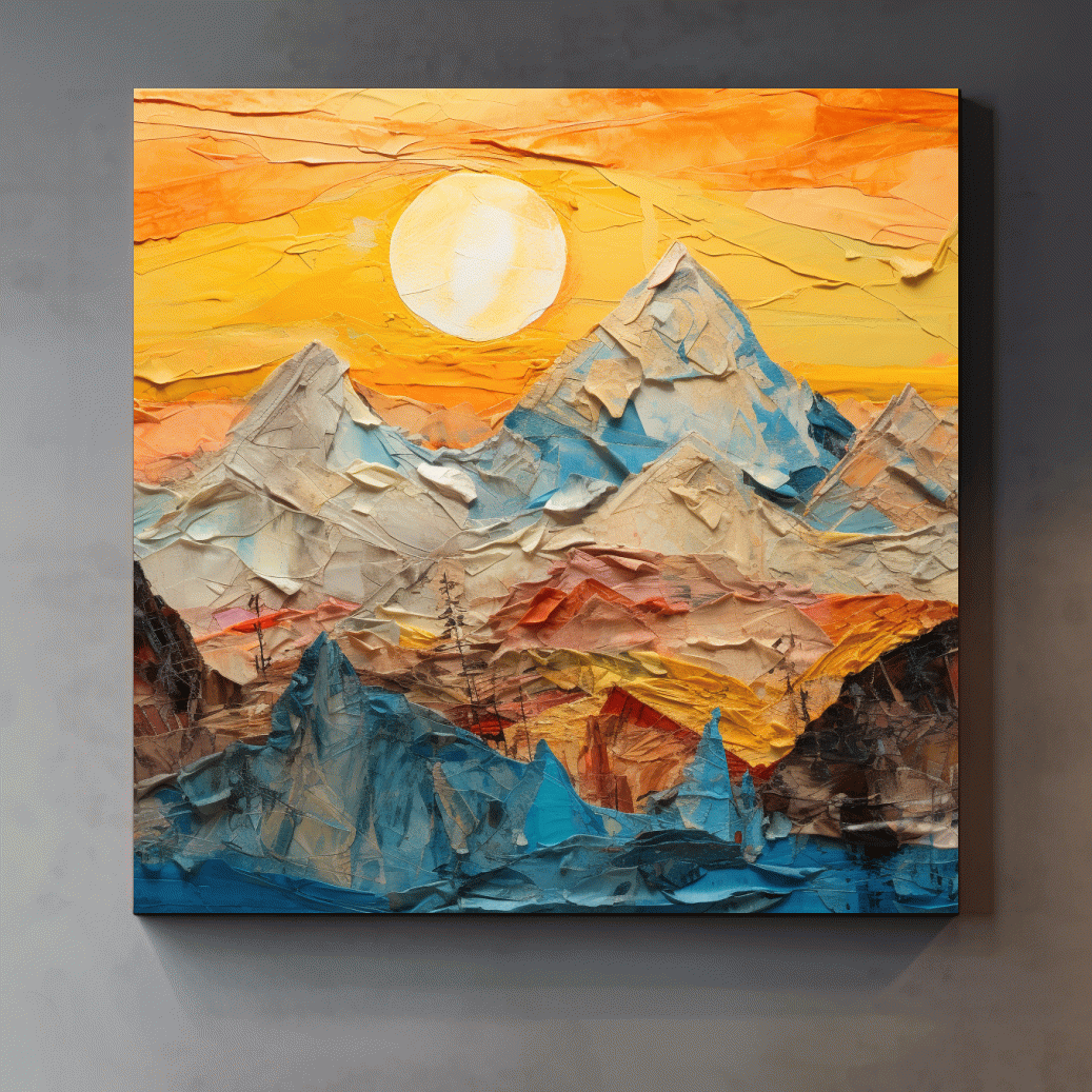 Textured art paper mache effect, mountains at sunset canvas art