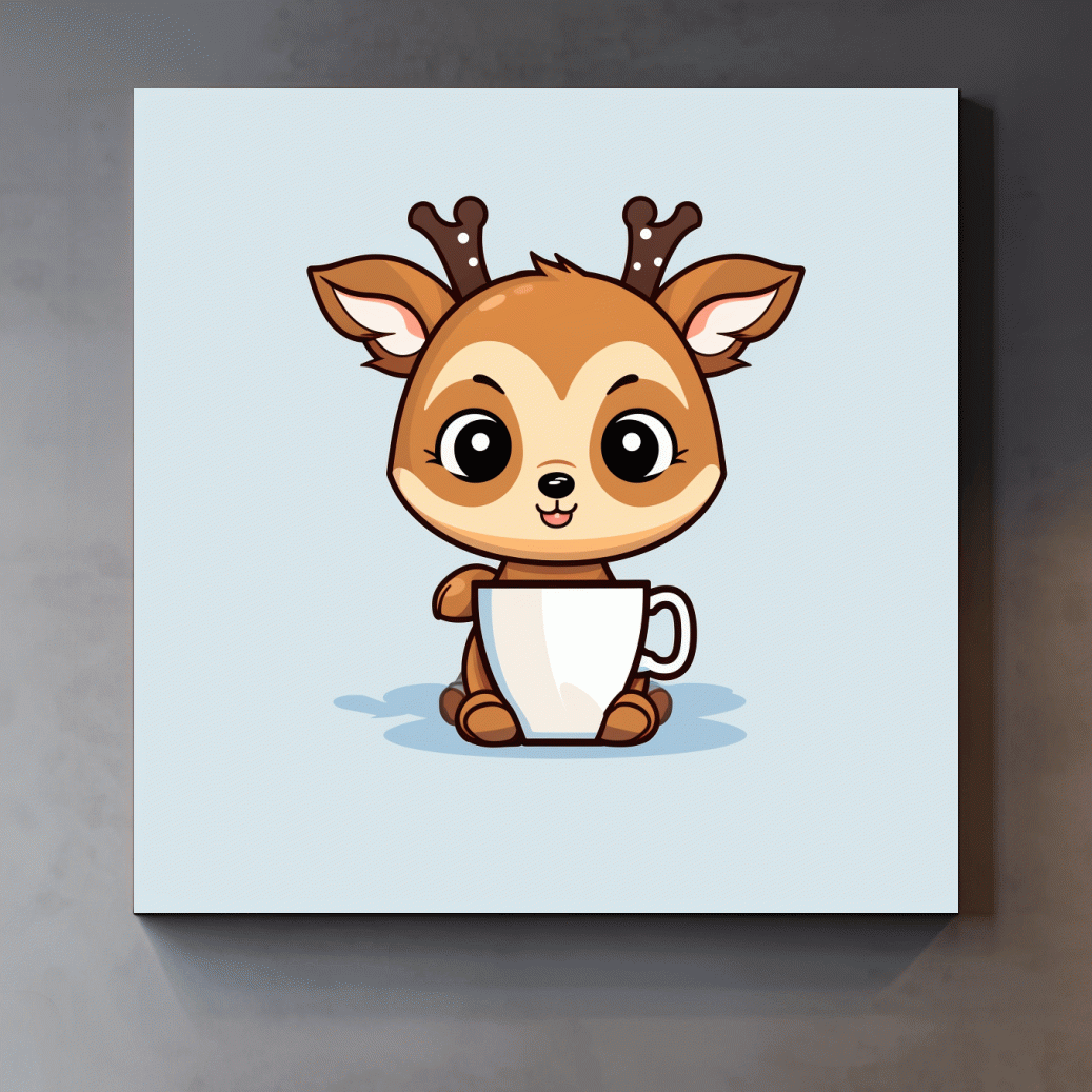 Cartoon illustration of a cute baby deer having morning coffee