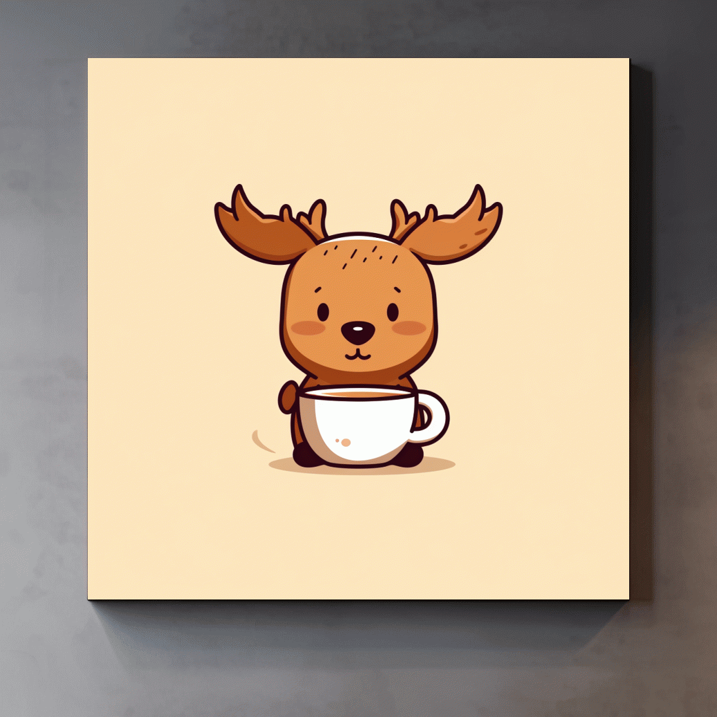 Cartoon illustration of a happy baby moose drinking coffee