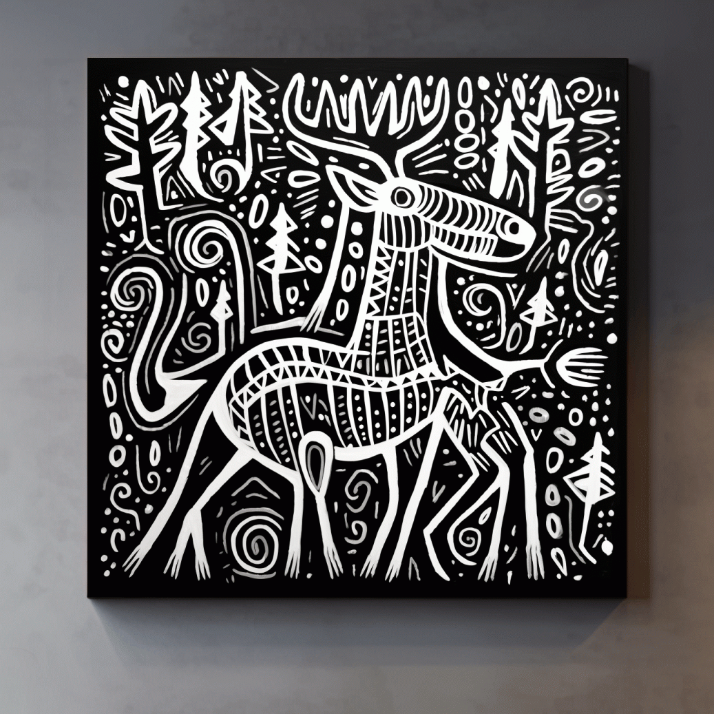 Quirky tribal style moose illustration art