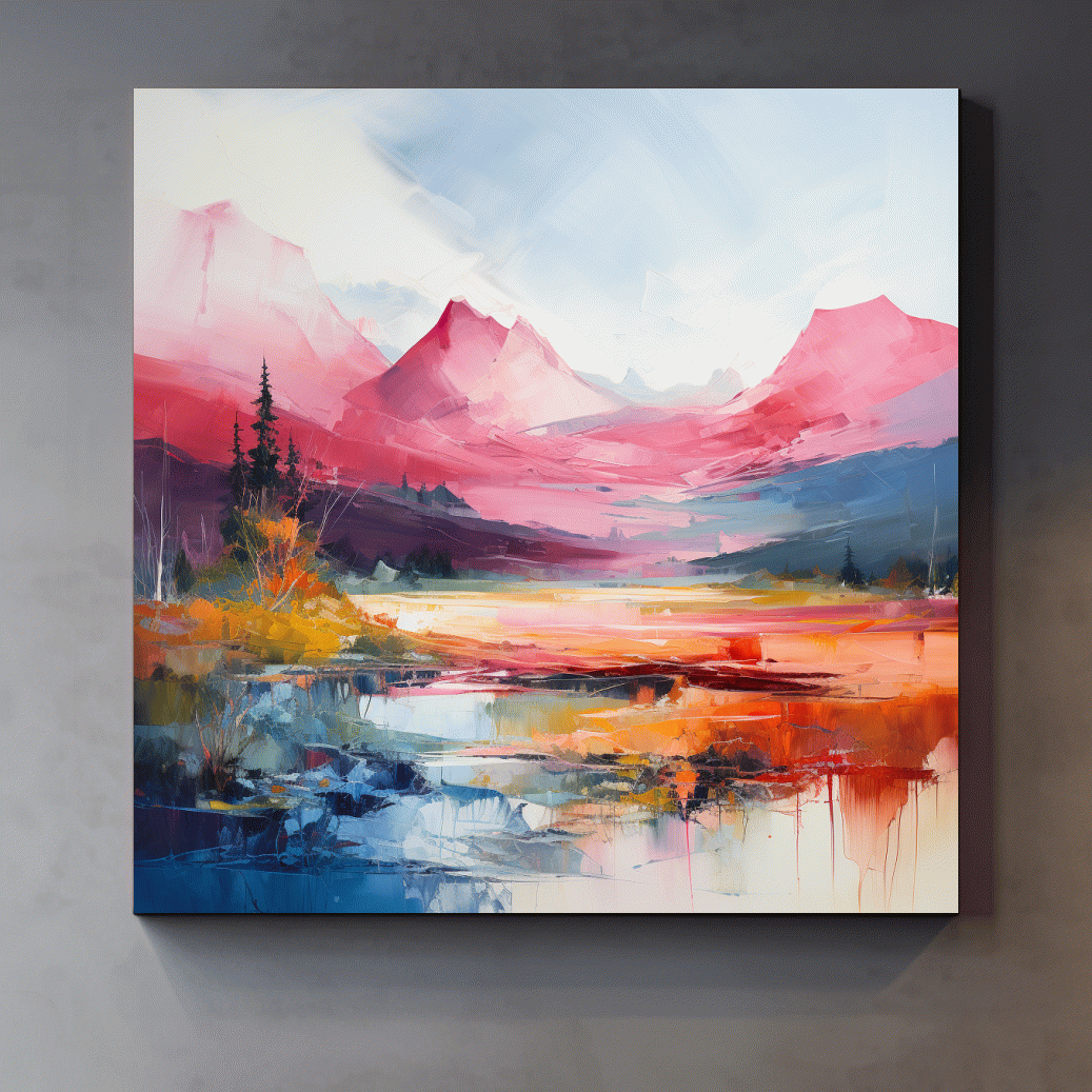 Abstract impressionist painting of an alpine mountain scene