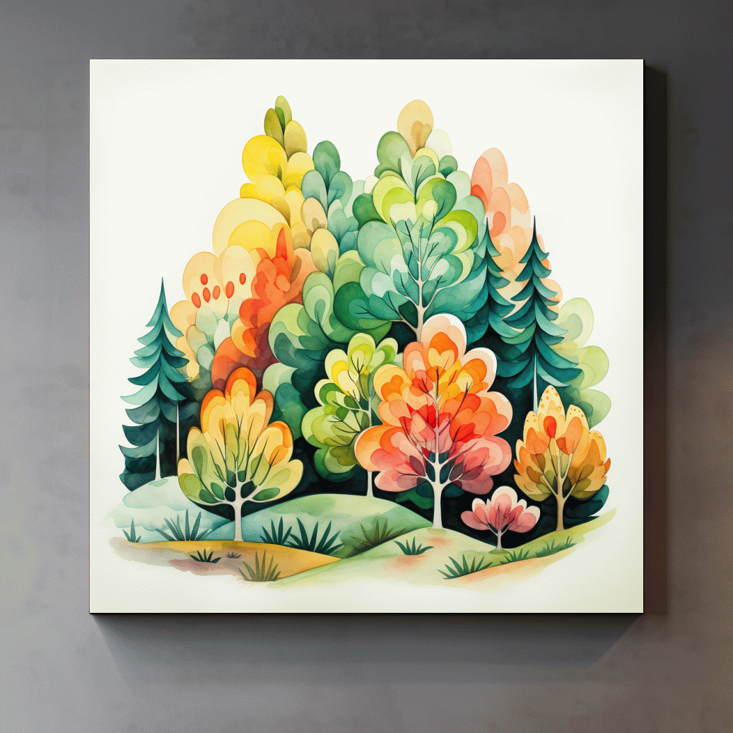 Colorful forest art, watercolor style illustration