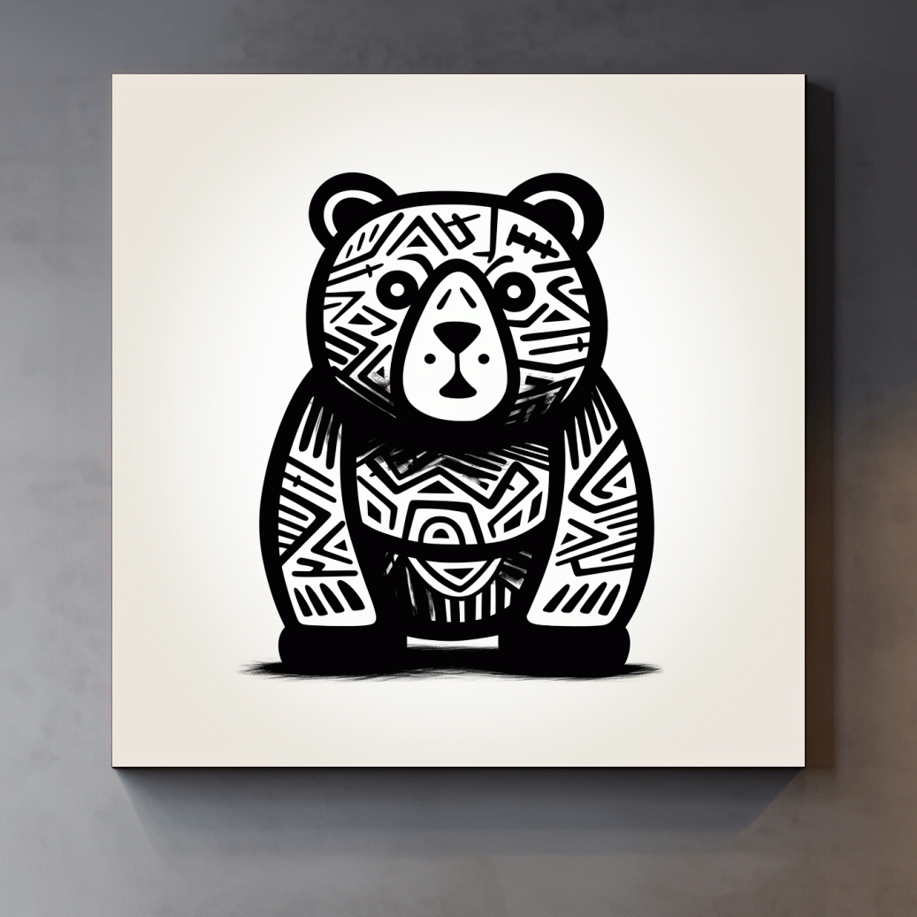 Tribal Pattern Bear Illustration - Quirky Black And White Animal Wall Art