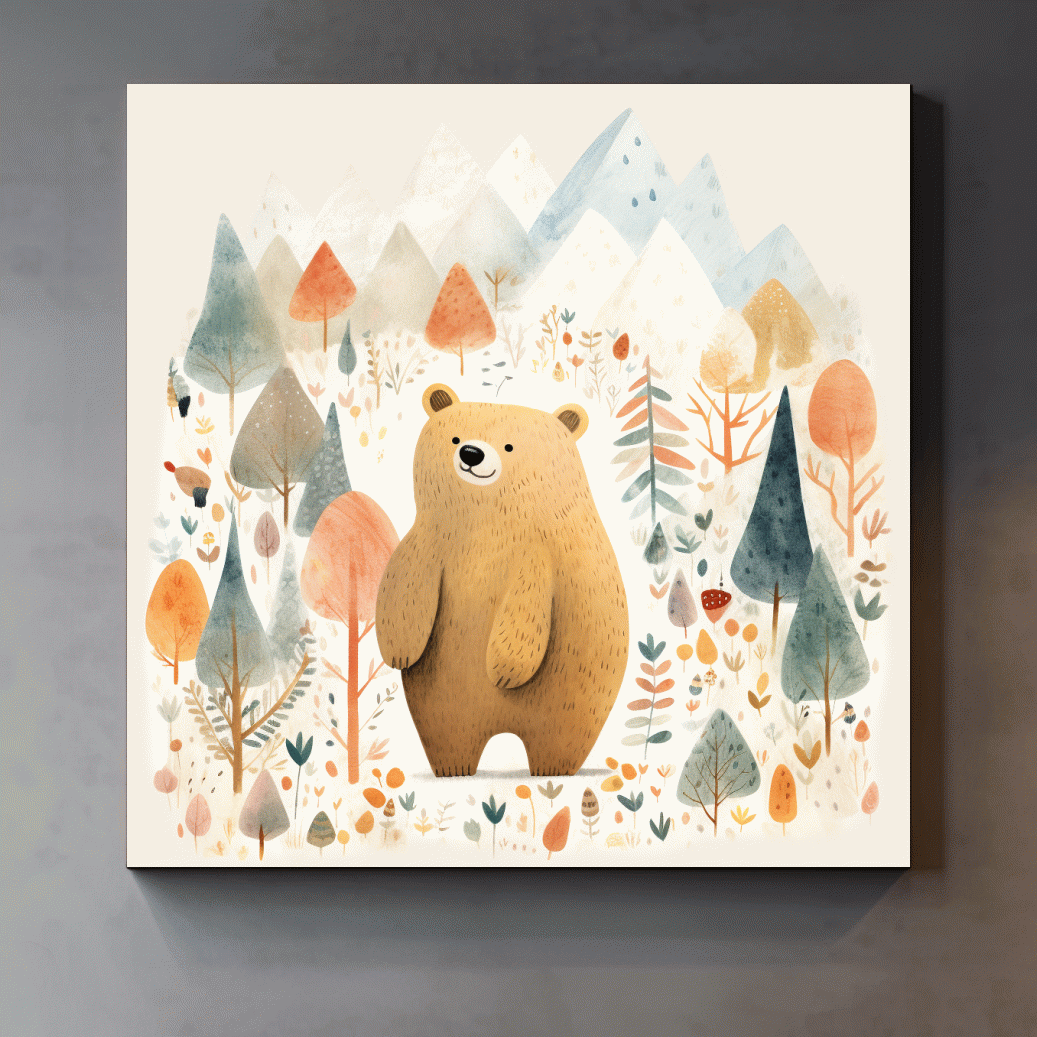 Cute Watercolor Bear In Mountain Forest - Whimsical Nursery Wall Art