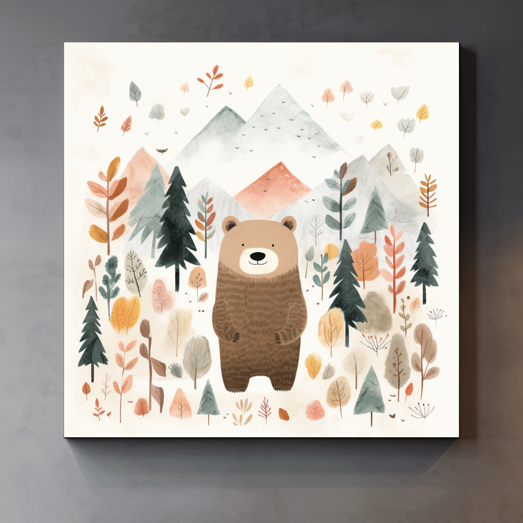 Cute Watercolor Bear Bear In Forest - Whimsical Mountain Nursery Wall Art