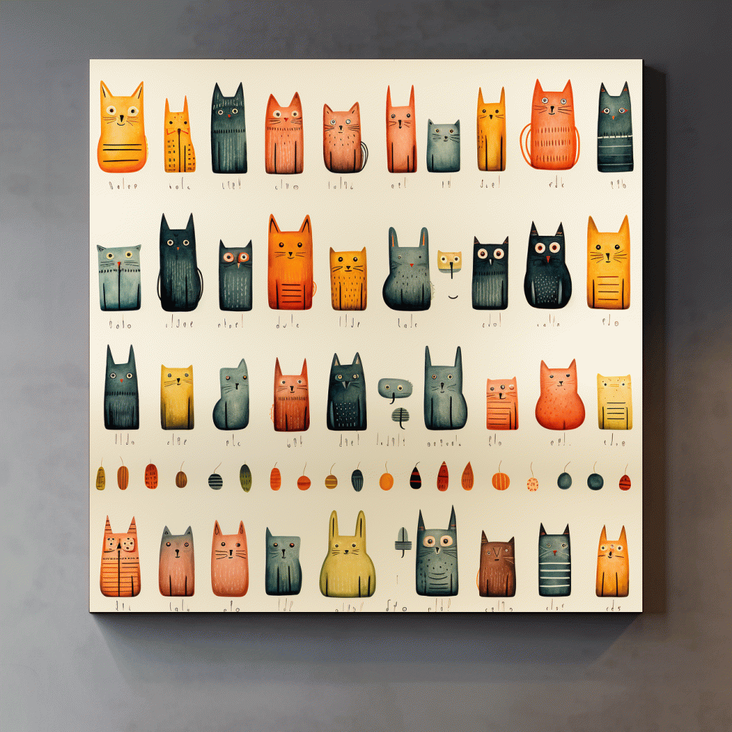 Whimsical Mid Century Cat Pattern Illustration - Colorful Nursery Wall Art