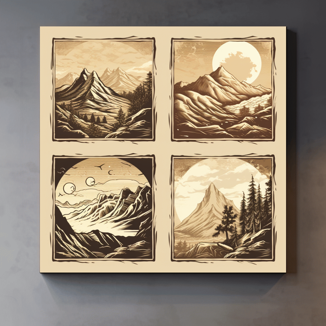 4x4 grid alpine mountain artwork, vector style illustrations, sepia tone