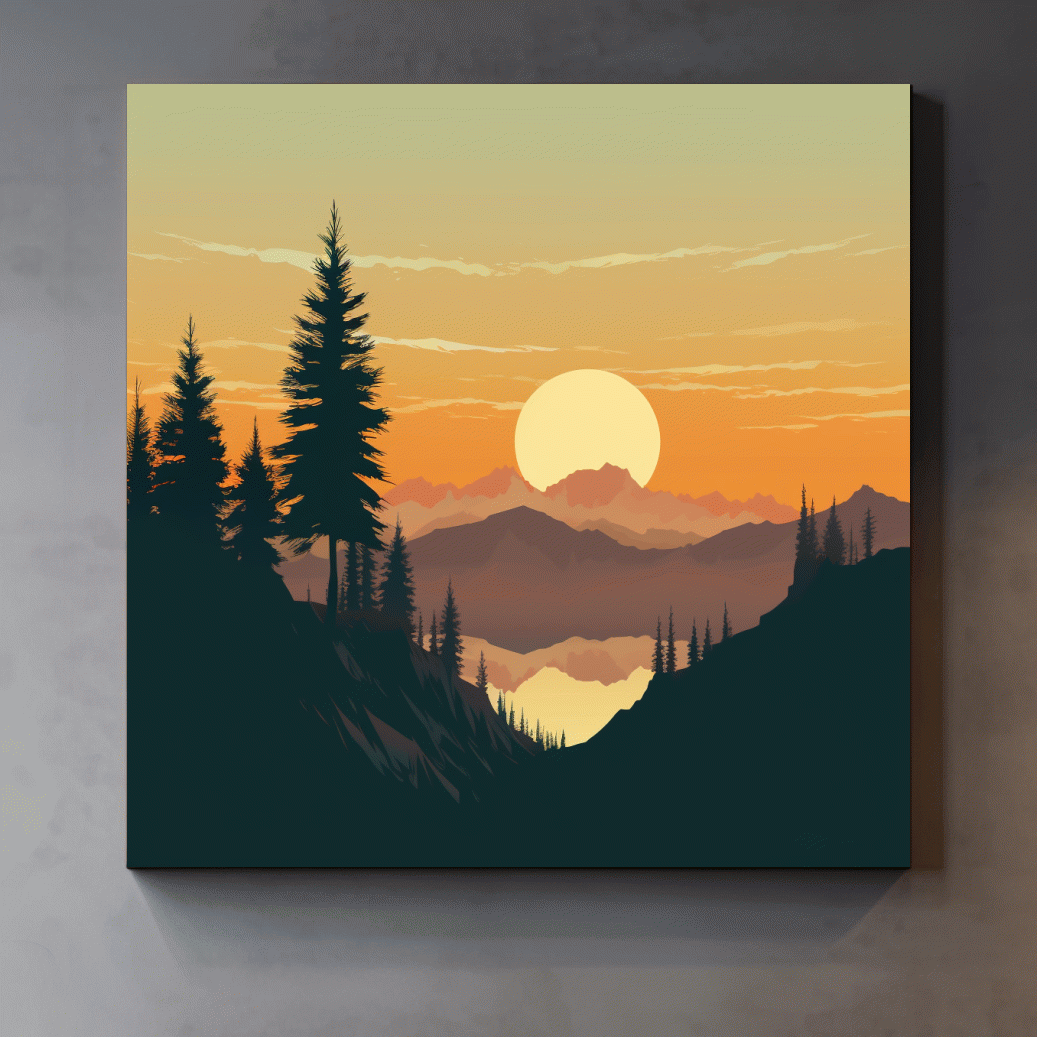 Minimalist Alpine Sunset Lake Landscape - Scandinavian Mountain Forest Wall Art