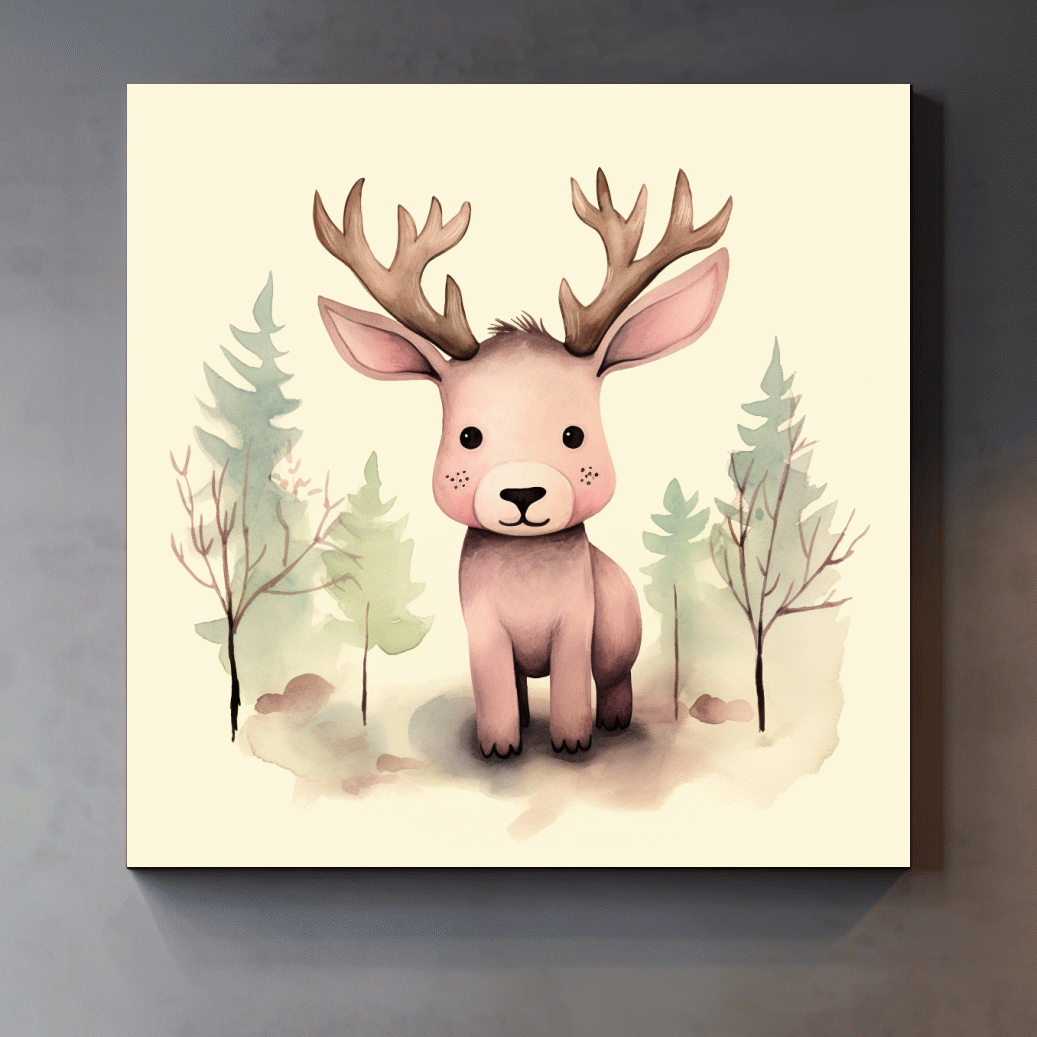 Childrens nursery art, an illustration of a cute baby moose in the forest
