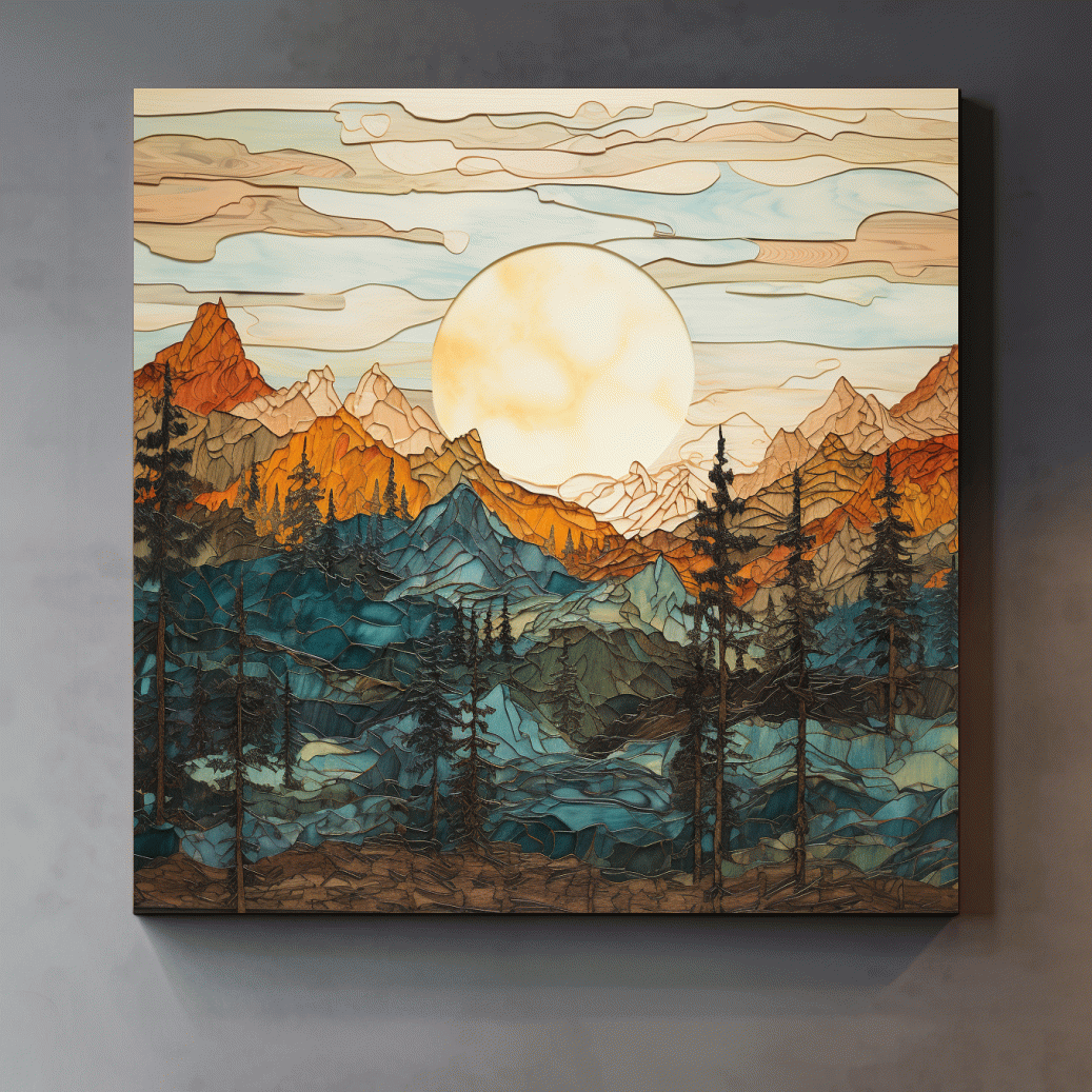 Stained Glass Mountain Sunset Landscape - Colorful Mosaic Forest Wall Art