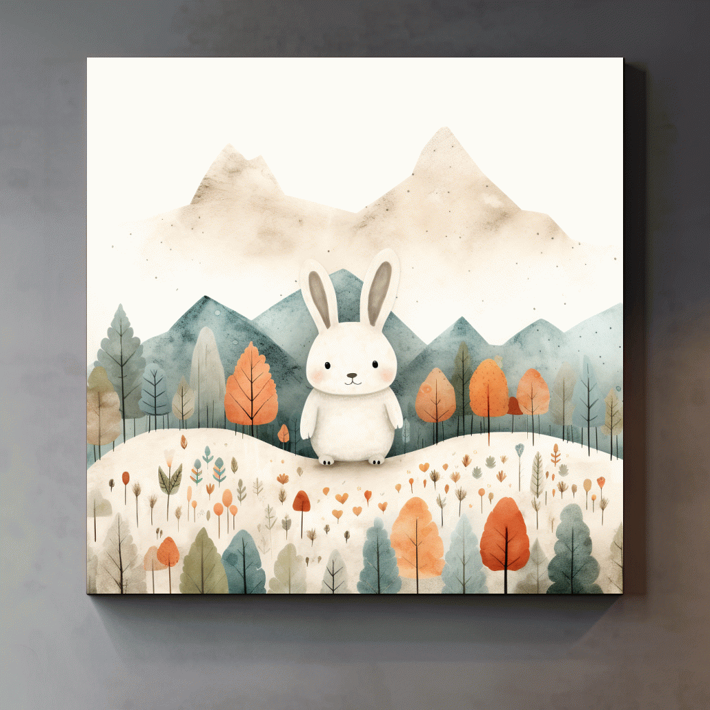 Cute Watercolor Bunny In Mountain Forest - Whimsical Nursery Woodland Wall Art