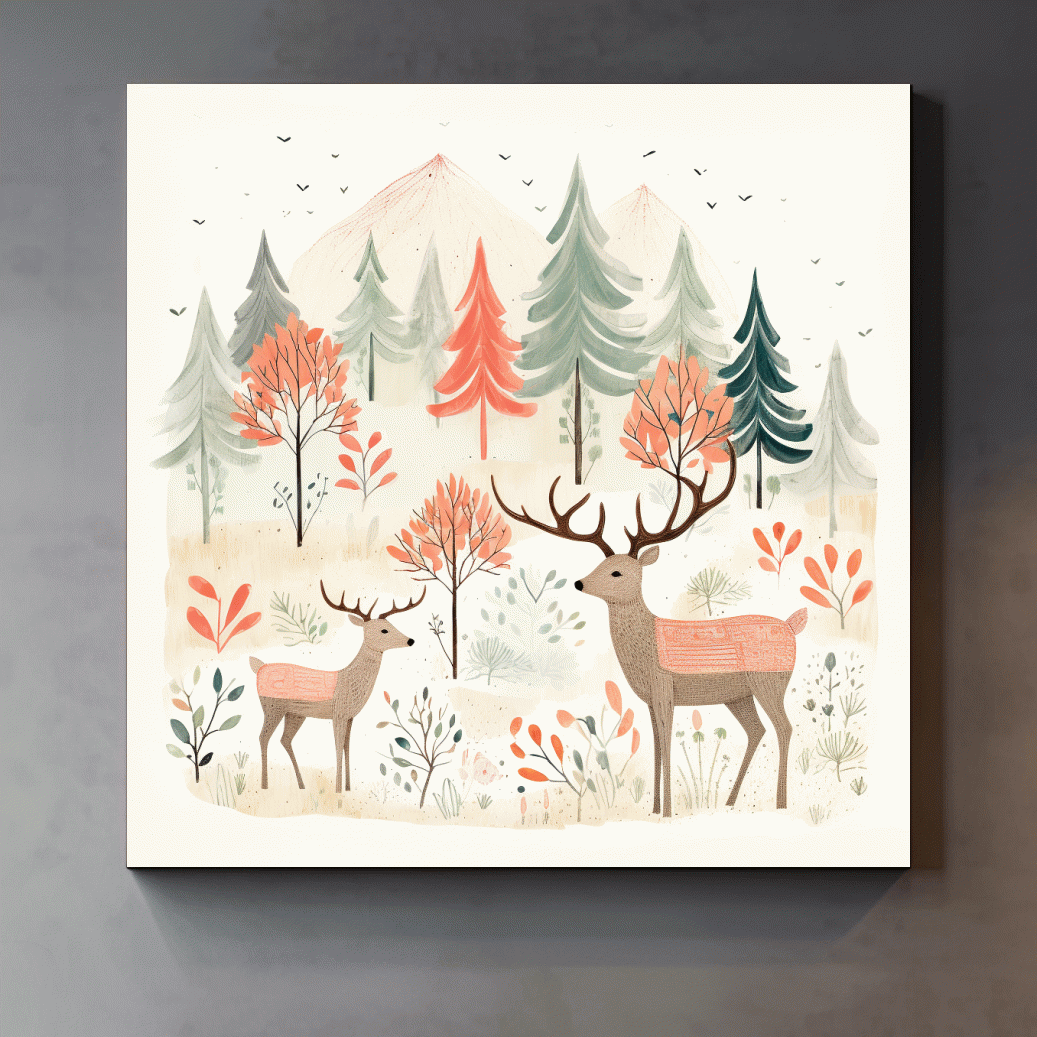 Whimsical Watercolor Deer Forest Storybook Scene - Scandinavian Woodland Nursery Wall Art