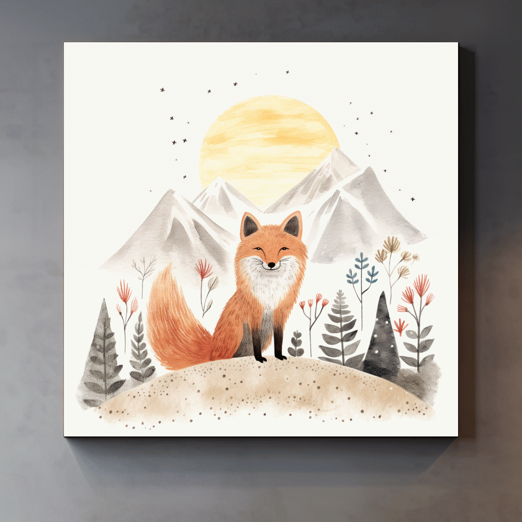 Cute quirky storybook nursery art, a happy fox in the mountains