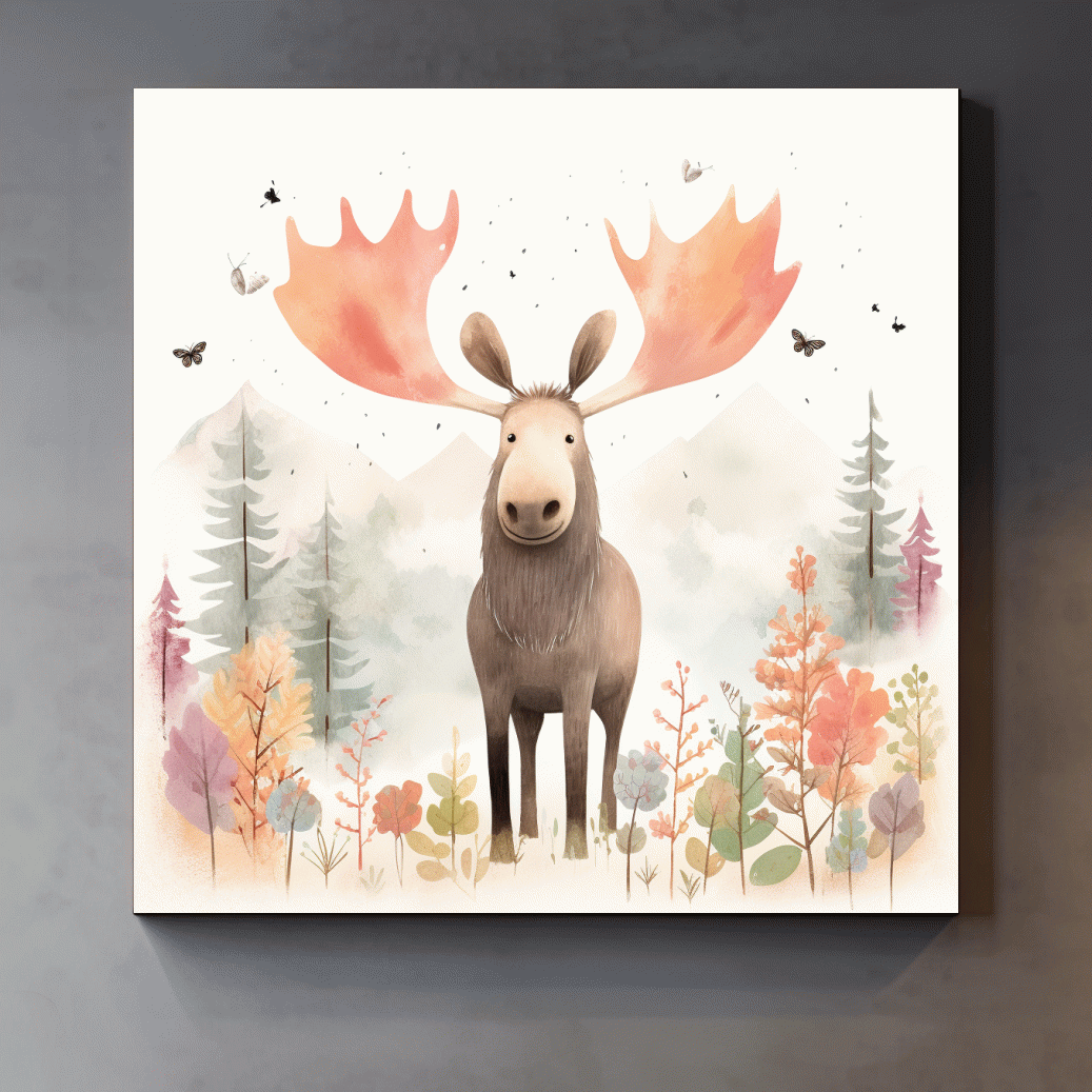 Whimsical Watercolor Moose In Pastel Forest - Storybook Nursery Animal Wall Art
