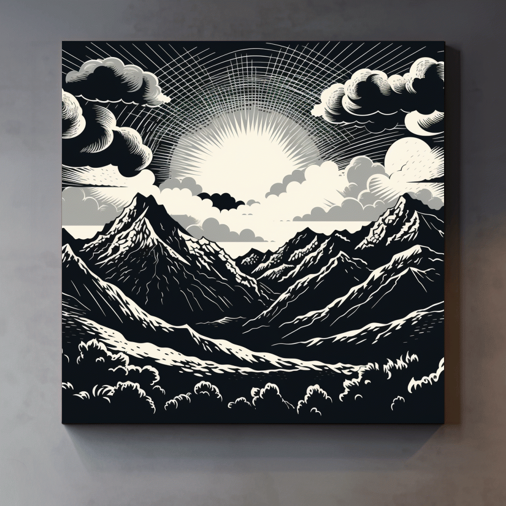 Sunset over mountain ranges, linocut style black & white artwork
