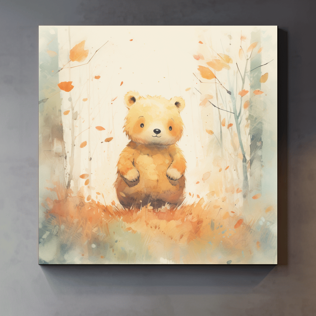 Cute Watercolor Bear Cub In Autumn Forest - Whimsical Nursery Animal Wall Art