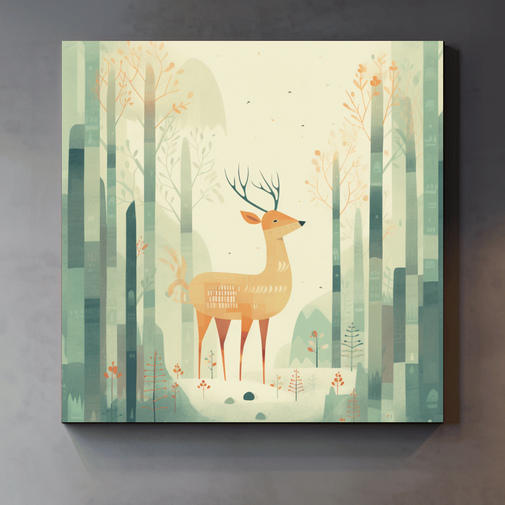 Deer in a forest, quirky nursery artwork illustration