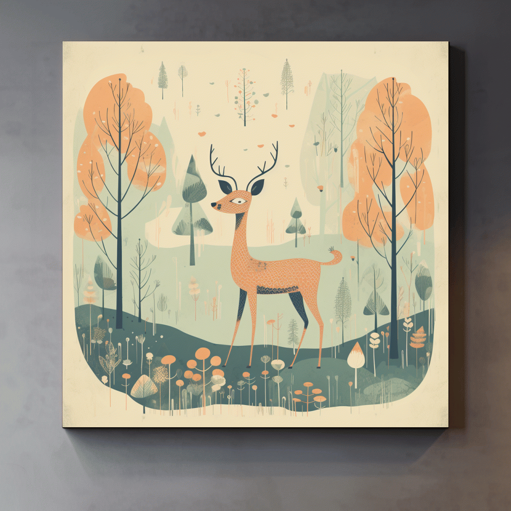 Whimsical Deer in Pastel Forest Illustration - Folk Art Woodland Nursery Wall Art