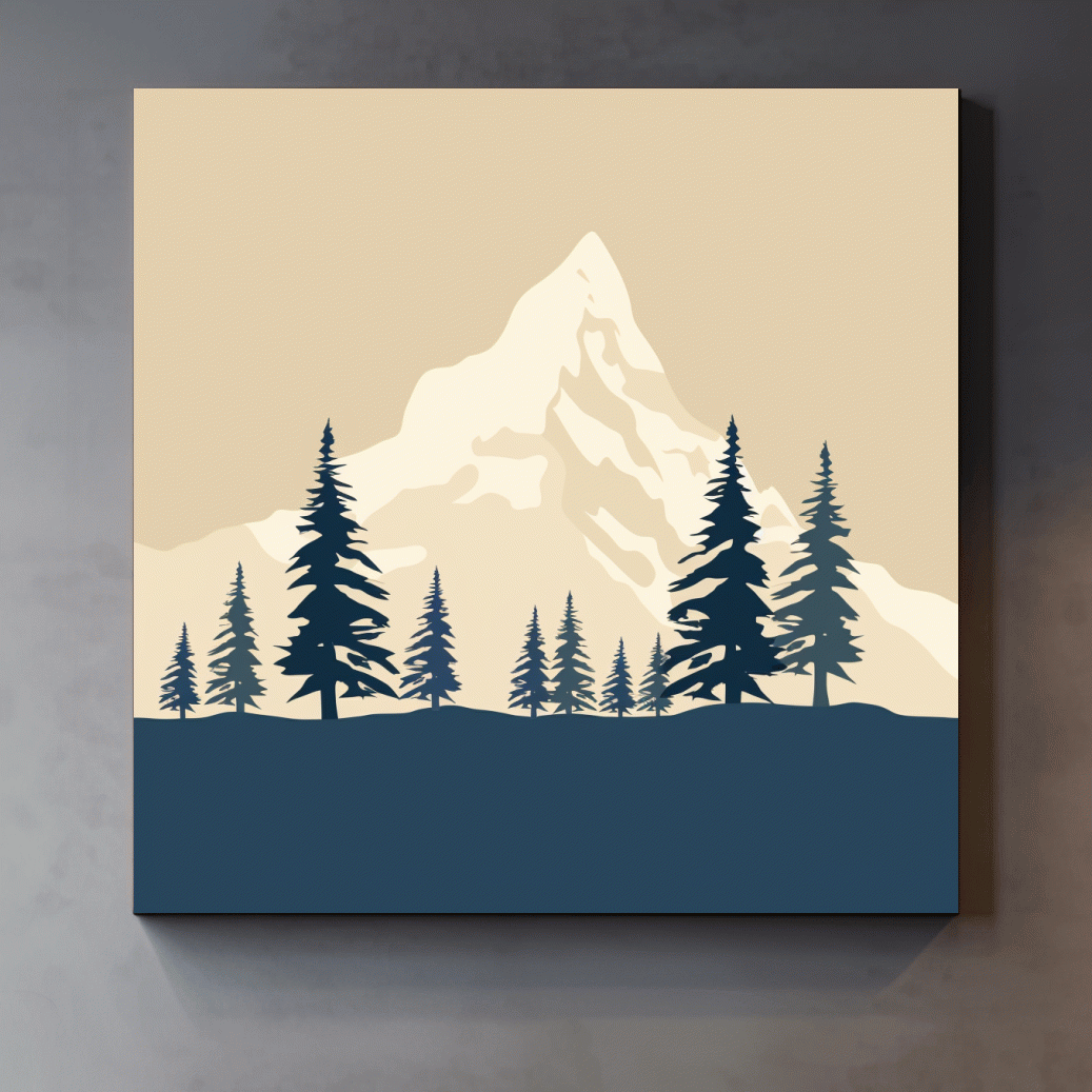 Treeline before the glacier, simple flatcolour 2d rustic mountain artwork