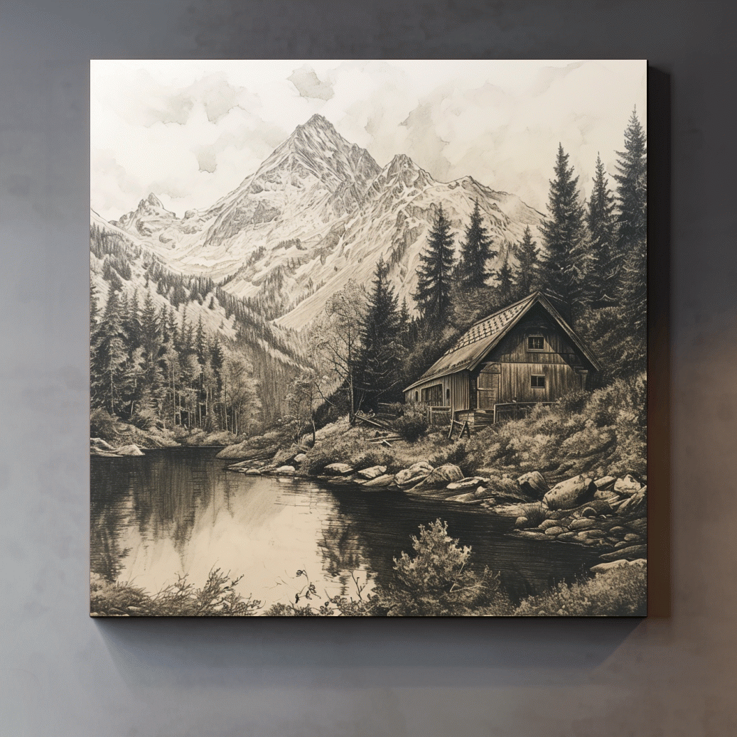 Lead pencil drawing artwork of a cabin on an alpine lake