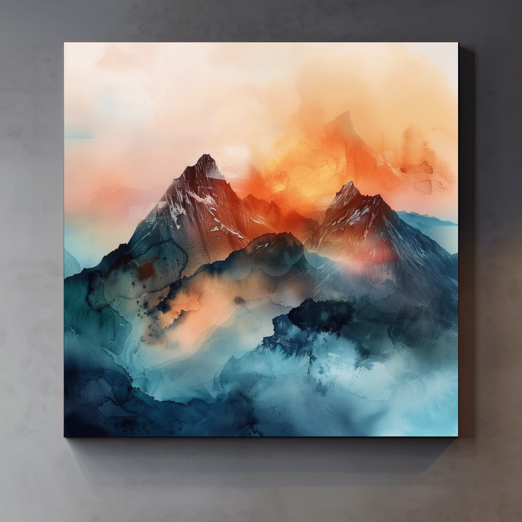 Vibrant Abstract Alpine Mountain Sunrise - Watercolor Landscape Artwork