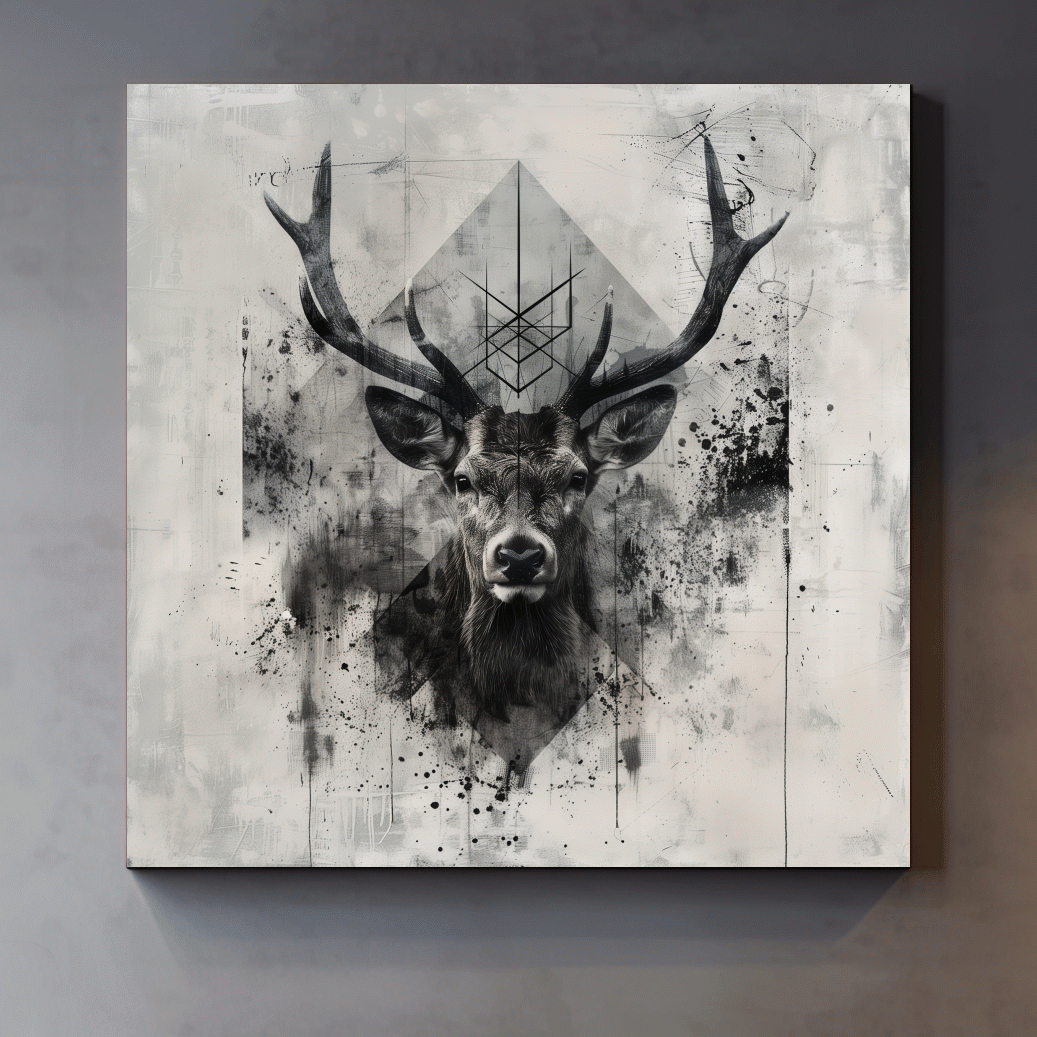 Tribal Monochrome Deer Stag Portrait - Tattoo Style Wildlife Wall Art